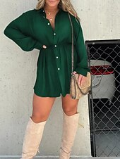 economico Top Semplici da Donna-Per donna Camicia Blusa Semplice Moderno Casual Manica Lunga Colletto a Camicia Top Regolari Quotidiano Uscire Arricciato Bottoni Verde primavera Nero Verde chiaro Vino Marrone Autunno