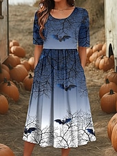 levne Halloweenské šaty-Halloween Dámské Midi Šaty A Linie Šaty Letní Šaty Dovolená Příležitostný Každodenní Svátek Běžné Fit Grafický Zvíře Poloviční Rukáv Kulatý Výstřih Modrá Fialová Zelená Léto Podzim