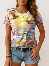 abordables T-shirt Animaux-Femmes T-shirt Fleuri Graphique Oiseau ancien Élégant Classique Manche Courte Col ras du cou Col rond Hauts Réguliers Quotidien Week-end Imprimé Jaune Rose Claire Bleu Vert Été Printemps