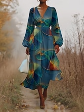 cheap Art&amp;Design Dress-Women&#039;s Midi Dress Casual Dress Chiffon Swing Dress Modern Vacation Daily Weekend Regular Fit Geometric Long Sleeve V Neck Yellow Purple Green Summer Spring Fall Autumn