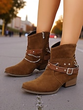 abordables Bottines-Bottines en daim marron pour femmes avec chaîne et ceinture - bottines à talons épais de style western tendance pour les tenues décontractées et les sorties d&#039;automne