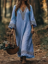 preiswerte Boho Kleider-Damen Maxikleid A Linie Kleid Urlaub Lässig Boho Strand Normale Passform Grafik Geometrisch Langarm V Ausschnitt Rosa Blau Purpur Grün Sommer Frühling Herbst