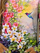 billige Blomster t-skjorte-Dame T skjorte Blomstret Grafisk Fugl Årgang Stilfull Klassisk Langermet Crew-hals Rund hals Vanlige topper Daglig Helg Trykt mønster Gul Rød Blå Lilla Grønn Sommer Vår Høst