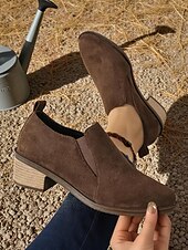 billige Slip-ons og loafers til kvinner-Brune damesko i semsket skinn med lav hæl – komfortabel, avslappet stil for turer utendørs, gårdsbesøk og hverdagsbruk
