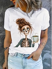 abordables Hauts d&amp;#39;Halloween-Halloween Femmes T-shirt Chemise en coton Graphique Crâne ancien Élégant Classique Manche Courte Col ras du cou Col rond Hauts Réguliers Quotidien Imprimé Blanche Été