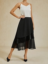 billige Chiffon skjørt-Dame A-linje Elegant Midi Høy Midje Skjørt عادي Uregelmessig hem Chiffon Uelastisk Avslappet Daglig Satin svart Svart Sommer Chiffon