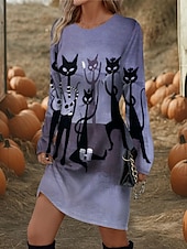 ieftine Rochie de Halloween-Halloween rochie mini pentru femei rochie tricou rochie tip tricou rochie scurtă rochie de vară vacanță casual petrecere zilnic croială regulată grafică mânecă lungă guler rotund violet fuchsia verde