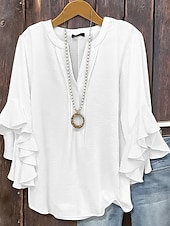 economico Top Semplici da Donna-Per donna Blusa Tinta unica Elegante Manica 3/4 Scollo a V Top Regolari Quotidiano Volant Nero Bianco Rosa Verde militare Primavera Autunno