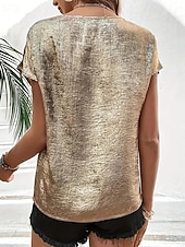 Χαμηλού Κόστους Επίσημες Μπλούζες-Γυναικεία Κομψή Φιλάρεσκος Πούλιες Λαμπερό Πούλιες Κουρελού Σκέτο Μοντέρνα Κοντομάνικο Λαιμόκοψη V Κανονικά μπλουζάκια Καθημερινά Χρυσό Καλοκαίρι