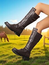 olcso Lovaglócsizma-női barna térdig érő lovaglócsizma – műbőr csatos lovas harci stílus őszi szabadtéri kalandokhoz és középkori ihletésű cosplayhez