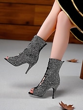 abordables Bottines de danse-Bottines de danse à bout ouvert et strass pour femmes - bottines à talons courts et lacets scintillants pour les spectacles de salon et de scène latins