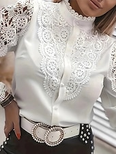 voordelige Kant Tops-Dames Overhemd Zomer tops Kanten topjes Effen Dagelijks Stijlvol Basic Lange mouw Strakke ronde hals Normale tops Werk Dagelijks Feestdagen Knop Kanten rand Wit Lente Herfst