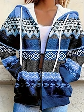 economico Tops Boho-Giacca Felpa con Cappuccio da Donna con Maniche Lunghe e Zip con Tasche Leggera e Casual Micro-elastica Oversize Geometrica a Strisce Attiva Vintage Sportiva con Coulisse Rosso Blu Viola Marrone