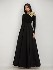 ieftine negru-Rochie de seară elegantă, cu imprimeu A-line, din catifea, crep elastic, cu cravată neagră, rochie formală de mireasă, lungime până la podea, mânecă lungă, decolteu rotund, cu imprimeu floral și
