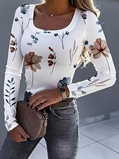 economico T-shirt floreale-Per donna Maglietta Floreale Grafico Piante Moda Classico Casual Manica Lunga Collo quadrato Top Regolari Quotidiano Stampato Bianco Primavera Autunno