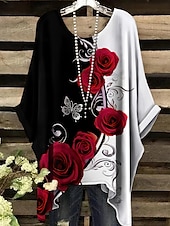 levne Květinové topy-Dámské Halenka Květinový Grafika Elegantní Vinobraní Denní Poloviční rukáv Netopýří rukávy Tričkový Běžné topy Denní Dovolená Oblečení na dovolenou Černá Světlá růžová Rubínově červená Fialová Léto