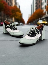 preiswerte 1950er Jahre-Zweifarbige Oxford-Schuhe mit Blockabsatz für Damen – Retro-Schnürschuhe in Mintgrün und Metallic für den Streetstyle im 50er-Jahre-Stil, Alltagsoutfits und legere Anlässe