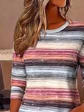 billiga Randig och geometrisk t-shirt-Kvinnors T-shirt Crew Neck Långärmad Tunika Grafisk Geometrisk Randig Vintage Stilren Rundhalsad Regula Tops Daglig Tryck Dammig Ros Höst