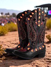 baratos Para mulheres-Botas de cowboy femininas bordadas com chamas pretas - botas retrô de festival até o joelho com salto baixo para festivais de música, fantasias de Halloween e cosplay