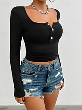 preiswerte Damen Einfache Oberteile-Damen T Shirt Einfach Mode Modern Langarm Quadrathals Crop Tops Täglich Tunika Knöpfe Schwarz Weiß Rosa Sommer