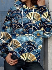 billige Kunst og design topper-Damegenserhette Pullover Sweatshirt Oversized Langermet Casual Grafisk Varm Aktiv Hette Vanlige Topper Gate Dagligbruk Print Marineblå Vår Høst Vinter