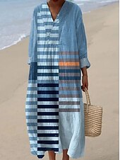 economico Abiti a Strisce e Geometrici-Per donna Abito Midi Vestito Estivo Abito a trapezio Vacanza Casual Boho Uscire Spiaggia Grafico Geometrico Manica Lunga Scollo a V Giallo scuro Rosso Marrone chiaro Blu Estate Primavera Autunno