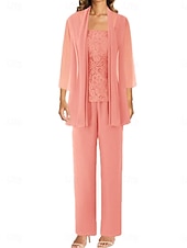abordables Costumes-pantalons pour maman-Ensemble de Pantalon Mère de la Mariée Robe Invitée de Mariage Élégante Simple Col Bijou Longueur Longue Polyester Manches Longues avec Couleur Unie