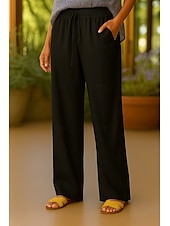 baratos Calça de linho de algodão simples-Mulheres Calças de linho de algodão chinês Moda Básico Casual Comprimento total Cintura Alta Tecido Com Cordão Conforto Exterior Com Stretch Férias Rua Diário Preto cáqui Bege Verão Primavera Normal