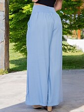 abordables jambe large et taille haute-Femmes Jambe large Slacks Occasionnel Longueur complète Naturel Uni Poches Latérales Confortable Respirabilité Décontracté Quotidien Bleu Bleu clair Printemps Automne Coupe Ample