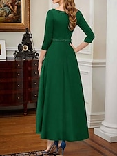 abordables Robes de cocktail-Robe de cocktail trapèze élégante, robe de soirée formelle, longueur thé, robe asymétrique, manches mi-longues, col en V, satin extensible avec poche à perles, 2025