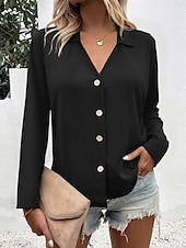 economico Top Semplici da Donna-Camicia da donna con bottoni blusa unicolore elegante casual a maniche lunghe scollata a V colletto regolare eleganti quotidiani stampa nera bianca blu fucsia estate primavera