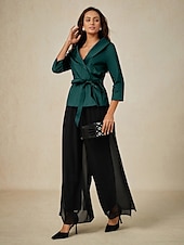 preiswerte Hosenanzüge für Mama-Zweiteilig Brautmutterkleid Elegant V Ausschnitt Knöchellänge Taft Dreiviertelarm mit Schärpe / Band Schleife(n) 2025