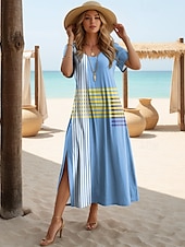 cheap Stripe&amp;Geometric Dress-Women&#039;s Maxi Dress T Shirt Dress Tee Dress Sundress Shift Dress Vacation Casual Beach Party Beach Regular Fit Geometric Stripe Short Sleeve Crewneck Yellow Pink Red Blue Summer Spring