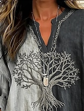 cheap Boho Tops-Women&#039;s Shirt Tree Daily Casual Long Sleeve V Neck Regular Tops Daily Holiday Buttons Print Gray Spring Fall