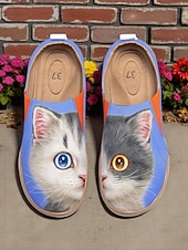 tanie Mokasyny i trzewiki damskie-Kolorowe, wsuwane buty damskie Cat by Kayomi Harai z nadrukiem kota – urocze, codzienne mokasyny dla miłośniczek kotów, idealne na co dzień, w podróż i na weekendowe wyjścia