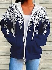 abordables Hauts Floraux-Femmes Sweats à capuche zippés Fleuri Graphique Mode Occasionnel manche longue À capuche Hauts Réguliers Rue Tenue Quotidienne Fermeture éclair Avec Poches Imprimé bleu marine Printemps Automne