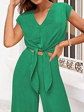 Mulheres Moda Roupa de rua Diário Conjuntos de calças Manga Curta Decote V Côr Sólida Cordões Casual Diário Preto Azul Marinho Escuro Azul Marinha Verão Normal baratos Blusas femininas-Mulheres Moda Roupa de rua Diário Conjuntos de calças Manga Curta Decote V Côr Sólida Cordões Casual Diário Preto Azul Marinho Escuro Azul Marinha Verão Normal