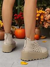 abordables Bottines-Femmes Bottes Quotidien Bottines Plateau Compensé Bout Rond Occasionnel Faux daim Fermeture éclair Chameau Beige