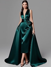ieftine Rochii de Seară-Rochie de seară elegantă, verde auriu, în linie A, rochie formală de nuntă, lungime până la podea, fără mâneci, decolteu în V, culoarea șampanie, rochie de seară pentru mama miresei, satin elastic cu