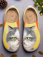 tanie Mokasyny i trzewiki damskie-Kolorowe, wsuwane buty damskie Cat by Kayomi Harai z nadrukiem kota – urocze, codzienne mokasyny dla miłośniczek kotów, idealne na co dzień, w podróż i na weekendowe wyjścia