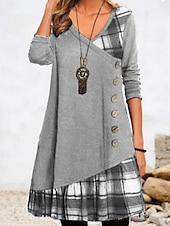 abordables Robe Rayée et Géométrique-Femmes Mini Robe Robe trapèze Occasionnel Quotidien Coupe régulière Plaid manche longue Col en V Noir Rouge Vert Gris Automne Hiver