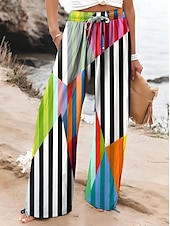 abordables jambe large et taille haute-Femmes Culottes Jambe Large Jambe large Chinos Vacances ancien Style Ethnique Longueur complète Taille haute Graphique Dégradé Rayé Séchage Rapide Respirabilité Doux Non Elastique Formel Extérieur