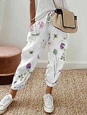 voordelige actieve damesbroek-Dames Chinese Broeken Actief Casual / Dagelijks Lang Hoge taille Bloemig Zak Opdrukken Elastisch ontwerp met trekkoord Ademend Zacht Micro-elastisch Vakantie Straat Alledaagse kleding Wit Lente Herfst
