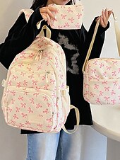 economico Zaini per Università-Set di 3 zaini scolastici per ragazze adolescenti: zaino in tela leggero con stampa di un grazioso fiocco rosa, borsa a tracolla di grande capacità e astuccio per matite, perfetto per la scuola, i viaggi e l&#039;uso quotidiano.
