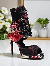 abordables Bottines de danse-Bottes de danse florales pour femmes - Chaussures de danse latine professionnelles à talons hauts et bout ouvert en satin avec imprimé rose élégant, idéales pour la salsa, le tango et les spectacles