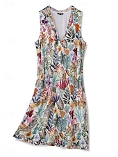 abordables Robes fleuries-Femmes Robe Midi Robe d&#039;Été Robe fourreau Robe à Volants Robe à manches bouffantes Vacances Fête Anniversaire Soirée Sortir Plage Fleuri Graphique Sans manches Col en V Bleu Orange Blanc Ecru Ét
