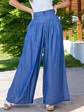 abordables jambe large et taille haute-Femmes Jambe large Slacks Occasionnel Longueur complète Naturel Uni Poches Latérales Confortable Respirabilité Décontracté Quotidien Bleu Bleu clair Printemps Automne Coupe Ample