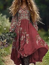 economico Abiti Boho-Per donna Abito maxi Abito a trapezio Vacanza Casual Boho Uscire Spiaggia Vestibilità comoda Floreale Grafico Paisley Manica Lunga Scollo a V Verde scuro Nero Vino Rosso Estate Primavera Autunno
