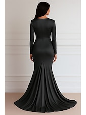ieftine Rochii de seară sirenă-Rochie de Seară Sirenă  Trompetă Rochie Elegantă Rochie Formală de Nuntă Lungime Întreaga Mâneci Lungii Decolteu în V Rochie Satin Elastic cu Plisaje