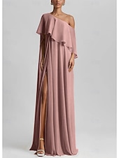 ieftine galben-Rochie de seară elegantă tip A-line lungime până la podea fără mâneci cu un umăr din chiffon elastic cu volane și fante pentru nuntă pe plajă invitata la nuntă